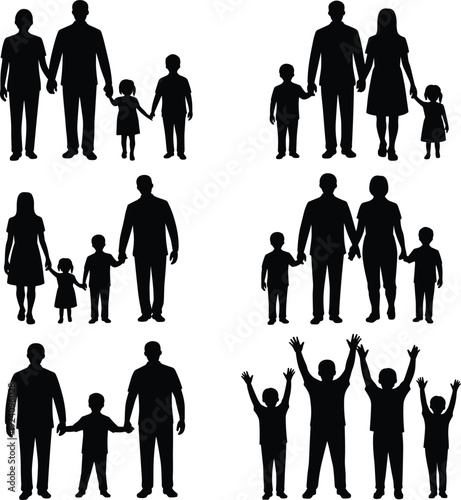 Family silhouettes collection showing parents and children holding hands and celebrating together, isolated on white background, symbolizing love, unity, parenting, and togetherness concept