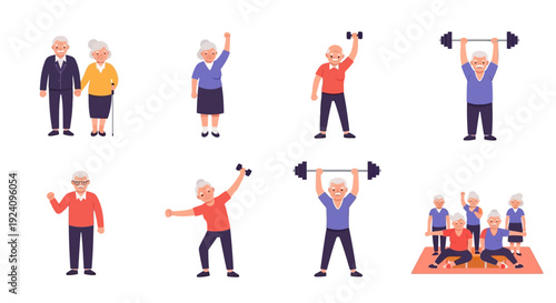 Active Seniors Exercising & Enjoying a Healthy Lifestyle - Elderly Fitness and Wellness Illustration Set