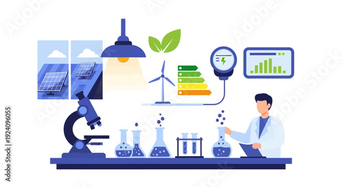 Scientist in Lab Researching Renewable Energy & Green Technology Development, Featuring Solar, Wind Power, and Sustainability Concepts