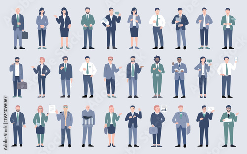 Diverse group of professional individuals in business attire standing in rows