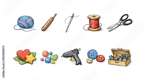 Craft tools hand-drawn icon set. Handmade, sewing, knitting, embroidery illustrations