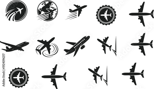 Airplane silhouette icon set, commercial aircraft and travel aviation symbols vector illustration isolated on white background