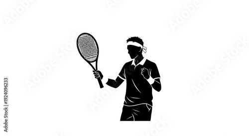 Silhouette of a determined male tennis player celebrating a victory holding a racket high with clenched fist on transparent background
