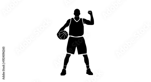 Silhouette graphic of a determined basketball player holding a ball and raising a fist in triumph or celebration on transparent background