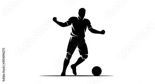 Dynamic black silhouette icon depicting an energetic soccer football player dribbling the ball with raised triumphant fists on transparent background