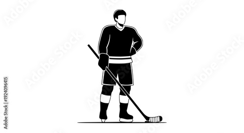 Black and white stylized icon graphic depicting an ice hockey player figure standing ready with stick on ice surface on transparent background
