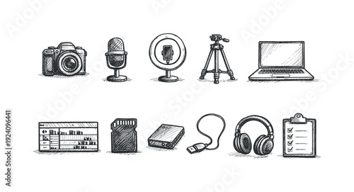 Media production sketch icon set. Recording, broadcasting, and editing outline icons