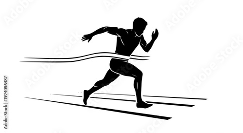 Powerful dynamic silhouette of a dedicated male athlete sprinting powerfully across the finish line, symbolizing success, achievement, victory, speed, determination, competition, sport, fitness, healt