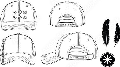Baseball cap technical drawing set, adjustable snapback hat front back side views vector template isolated on white background