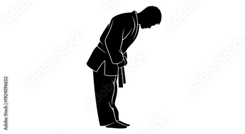 Silhouette illustration of martial arts practitioner wearing gi and belt performing a deep respectful bow gesture conveying honor and humility on transparent background
