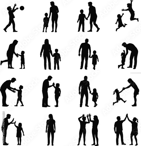 Family silhouettes collection showing parents and children walking, playing, holding hands and spending time together, isolated on white background for parenting and lifestyle concepts
