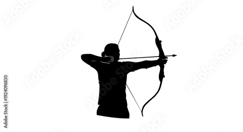 Silhouette image depicting an archer aiming a traditional recurve bow and arrow with focused concentration for target practice competition on transparent background
