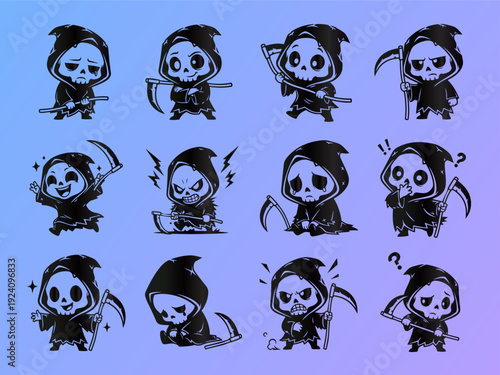 Chibi Grim Reaper Emotions Vector Set: Cute Cartoon Death Mascot with Scythe & Various Expressions