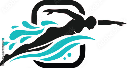 Competitive swim race silhouette, swimmer diving forward with flowing wave lines merging into body shape