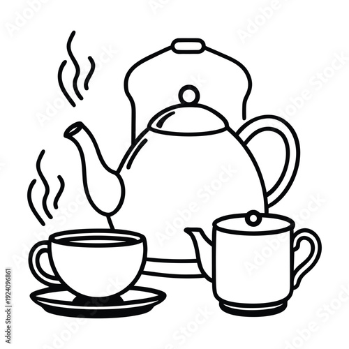Kitchen tea set with boiling kettle cup and small teapot showing rising steam lines for morning breakfast beverage concept