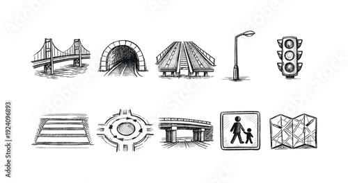 Urban transportation outline icon set. City infrastructure and traffic icon collection.