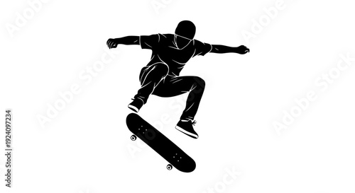 A dynamic black silhouette vector illustration capturing a male skateboarder performing an impressive aerial jump trick with his board in mid-air, showcasing extreme sports agility, urban youth cultur