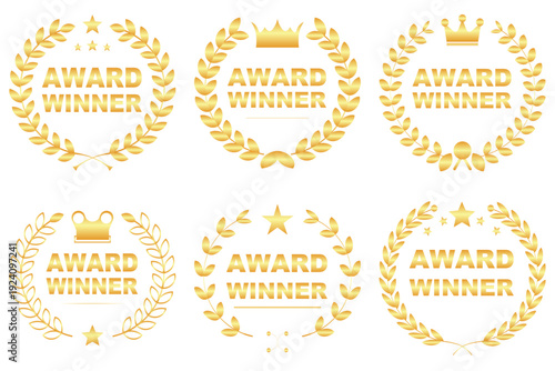 Ribbon and prize laurel wreath realistic metallic gold, isolated on white background. Vector set.