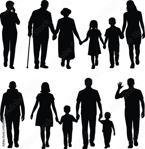 Family Silhouettes Collection Showing Parents, Children and Grandparents Walking Together Isolated on White Background for Generations, Love, Unity, Care and Relationship Concept