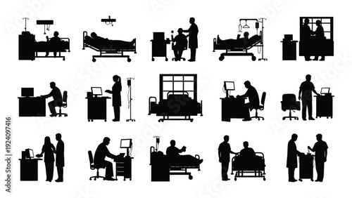 Various silhouettes of people in different hospital settings and furniture isolated on white background, Vector