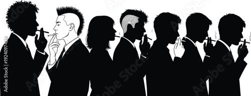 Group of people smoking cigarettes in business suits silhouettes