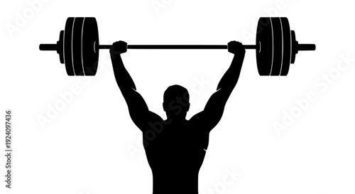 A powerful silhouette of a strong, muscular athlete successfully performing an overhead press or snatch, holding a heavy barbell high above their head, symbolizing strength training.