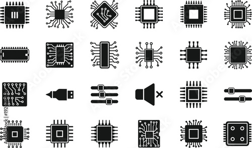 Microchip and Electronic Components Vector Icon Set with CPU, Circuit and Processor Symbols Isolated Technology Collection