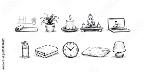 Home and relaxation outline icon set. Meditation, decor, wellness line icons collection