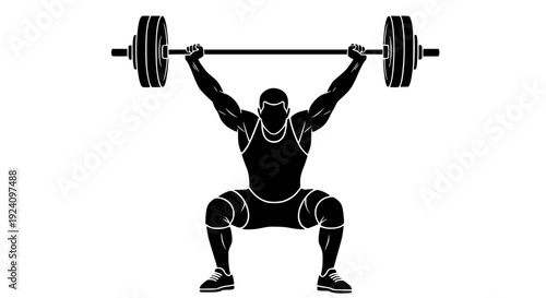 Strong weightlifter silhouette executing a powerful clean and jerk lift successfully finishing the overhead squat portion on transparent background