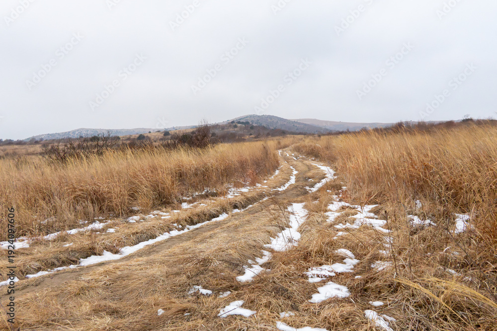 Fototapeta premium Snow-covered dirt path winding through dry grassland with distant hills under overcast sky in a rural landscape during winter season