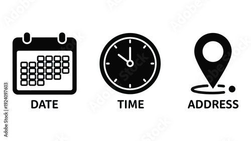 A black and white image of a calendar clock and location pin isolated on white background, Vector