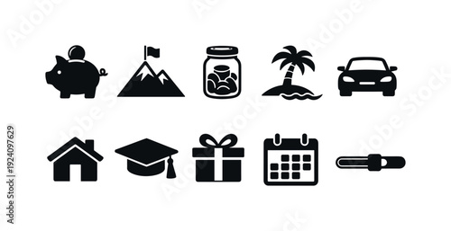 Financial, travel, and education solid icon set. Money, vacation, and learning icons