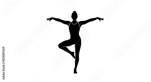 Silhouette graphic design of a female dancer performing an elegant arabesque balance pose in a gymnastics leotard on transparent background