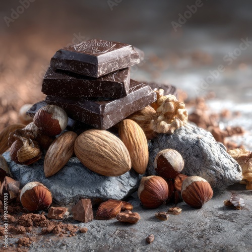 Delicious dark chocolate bars stacked on almonds and hazelnuts