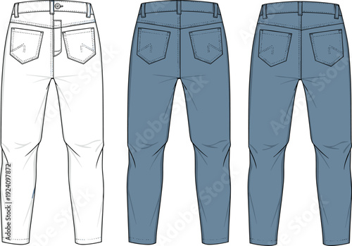 Men jeans technical drawing back view set, denim pants flat sketch vector template isolated on white background