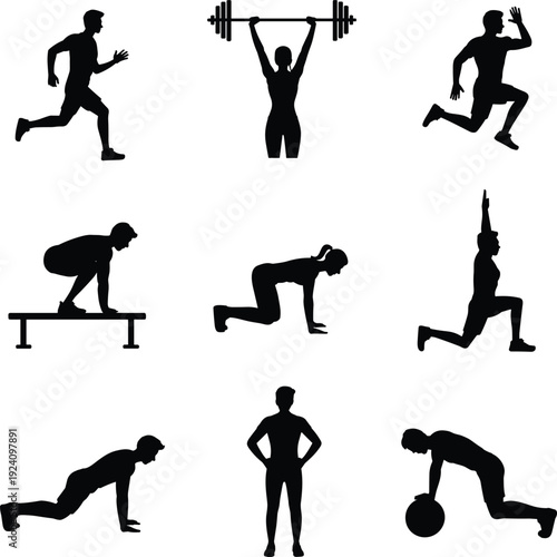 Fitness Workout Silhouettes Collection Featuring Running, Weightlifting, Push Ups, Lunges and Strength Training Exercises Isolated on White Background for Healthy Lifestyle Concept