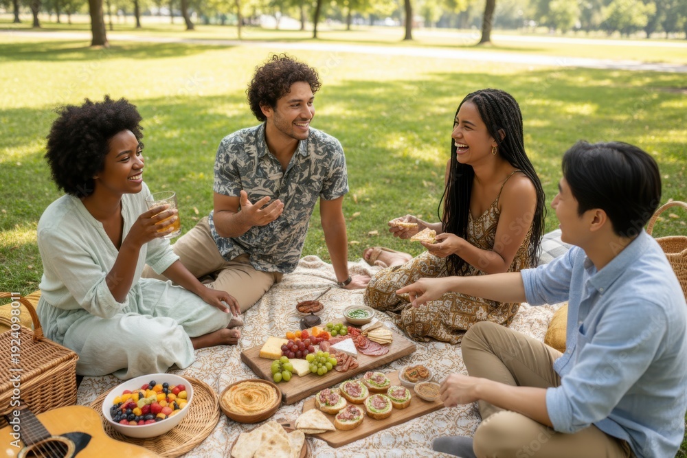 Naklejka premium Diverse young adults enjoying picnic outdoors in park on a sunny day.
