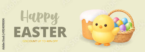 Easter sale banner featuring cute yellow chick, festive cake and basket of painted eggs. Ideal for holiday discounts, retail campaigns and seasonal marketing materials.