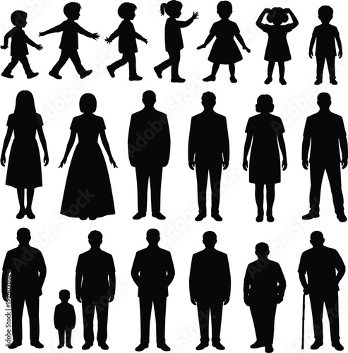 Human silhouettes collection showing children, women, and men in different ages and poses isolated on white background for family generation and demographic concept
