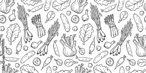 Spring vegetables doodle vector seamless pattern. Simple hand drawn sketch food illustrations with fresh seasonal organic ingredients for menu, packaging and healthy food design.