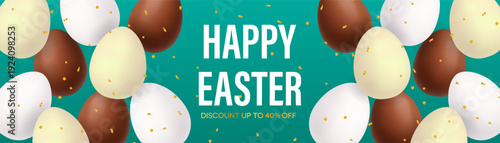 Happy Easter sale banner with realistic eggs and confetti. Spring discount promotion template