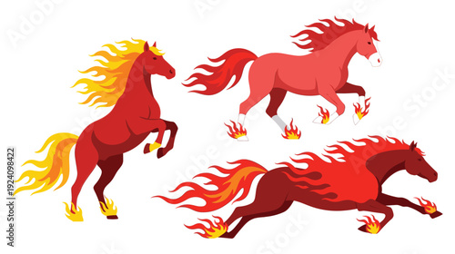 Three fiery horses running with flames on their bodies and manes