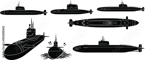 Black vector silhouette set of diverse military submarines including nuclear and attack vessels from side top and front views for naval defense branding