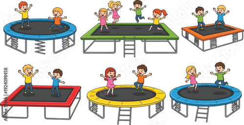 Kids Jumping on Trampoline Vector Set with Children Playing on Bounce Equipment Isolated Cartoon Collection