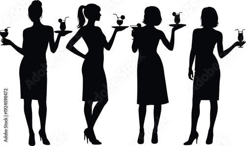 Silhouettes of four women holding cocktails with umbrellas and cherries drinks glasses