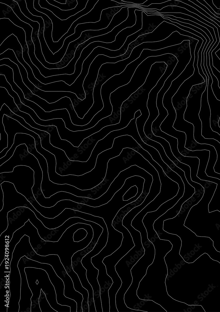 Fototapeta premium Curvas de nivel sobre fondo negro. Mapa topográfico