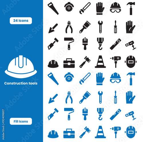 Construction tools icon set.24 Editable icons, featuring screwdriver, hammer, drill, Hand Saw, Utility Knife, Angle Grinder, shovel, Chisel and more. perfect for flat vector icon collection. 