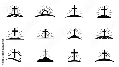 Easter cross silhouettes with sunrise hills christian faith symbols resurrection icons