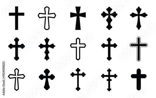 Various cross symbols in black on white background for design and religious use