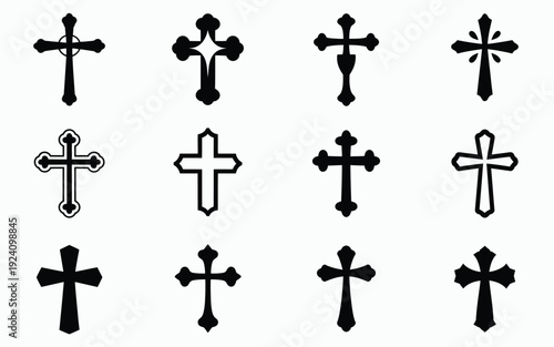 Various cross symbols in black on white background for design and religious concepts